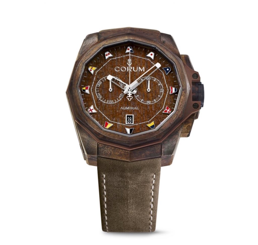 The 45mm case of thisCorum Admirals Cup AC-One Chronograph is crafted of bronze. 