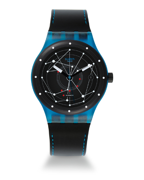 The Swatch Sistem51 Blue. The mechanical watch movement has 17 patents pending.