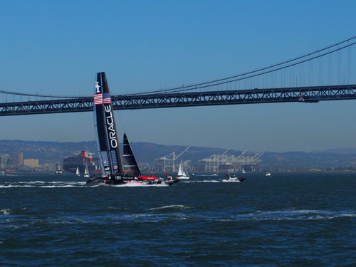 Oracle Team USA in San Francisco Bay on Day 1 of the 34th America's Cup races 