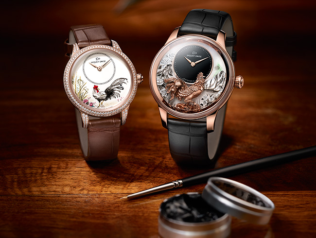There are two distinct dials for this year's Jaquet Droz Year of the Rooster watches: one painted, one sculpted. 
