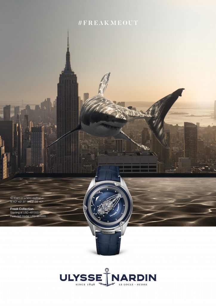Sharks where they don't belong ... in the Ulysse Nardin "FrekMeOut campaign for the Freak Vision watch. 