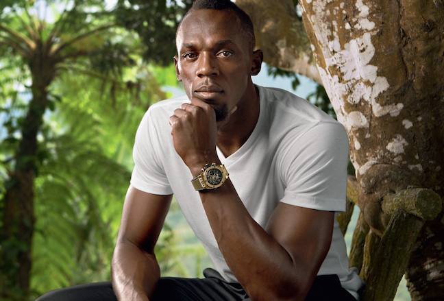 Usain Bolt wearing the new Hublot Usain Bolt Big Bang watch in King Power Gold