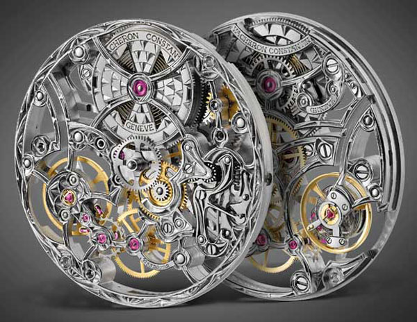 The movement of the Vacheron Constantin Mecanique Ajourees -- Caliber 4400 -- is magnificently skeletonized. 