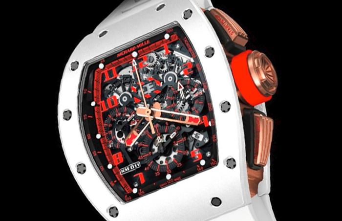 RM011 White Demon features Fiery red details that accent the dial